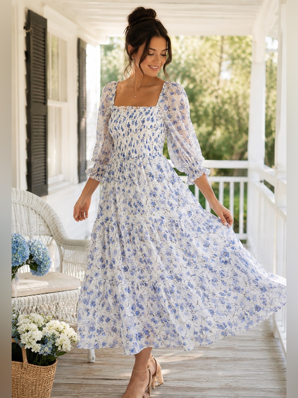 Baltic Born Blue Floral Smocked Midi Maxi Dress XL puffed sleeve smocked bodice - Picture 1 of 11